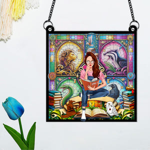 Personalized Gifts For Book Lovers Suncatcher 03HUPU010824TM Girl Sitting Reading Books-Homacus