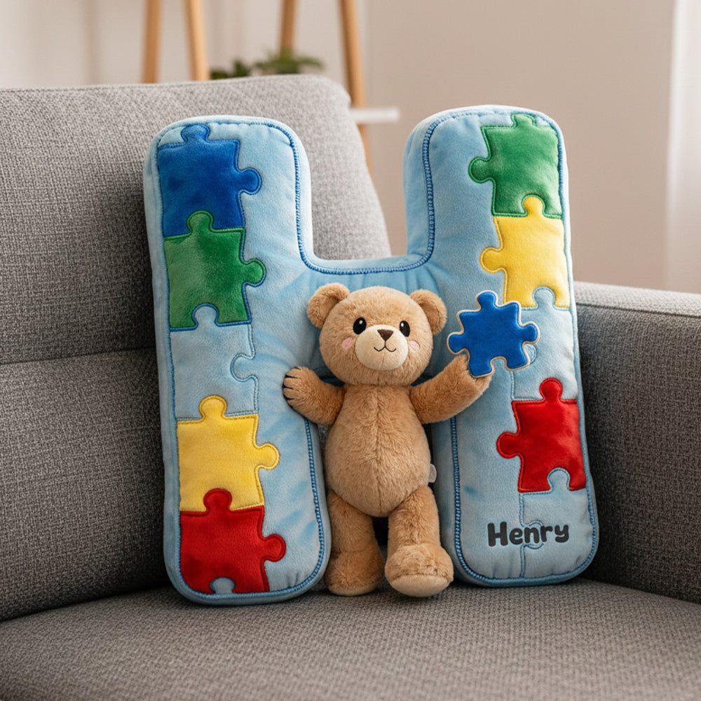 Autism Bear Alphabet Initial Letter Custom Shaped Pillow - Personalized Gifts For Kids 04natn101225-Homacus