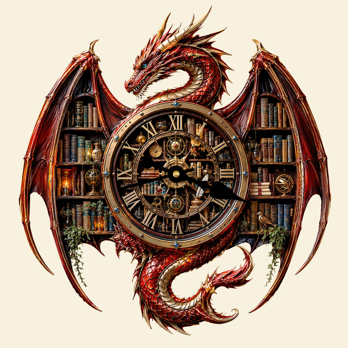 Vintage Dragon Bookstore Wall Hanging Clock, Personalized Gifts For Book Lovers 02qhdt240726