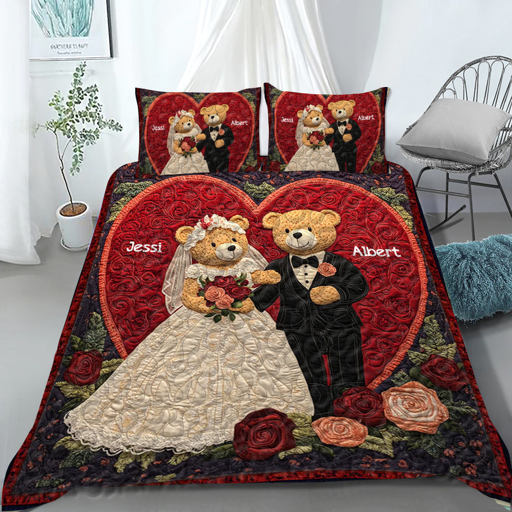 Personalized Gift For Couples Quilt Bedding Set Bear Couple In Wedding Day 04HULU060125-Homacus