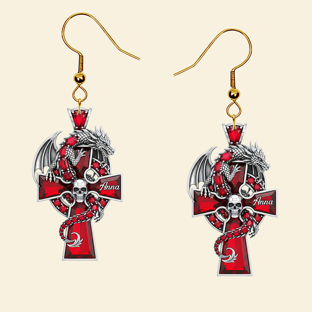 Gothic Guardian Dragon On Cross Earrings - Personalized Gifts For Fantasy Altar Drake Dragon Lovers 01qhqn010825-Homacus