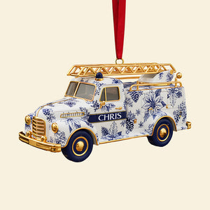 Personalized Gifts For Christmas, Fire Truck Firefighter Toile de Jouy Custom Shape Acrylic Ornament 01pgta031025