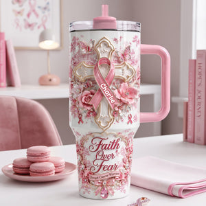 God Be With His Pink Fighter 40oz Tumbler With Handle - Personalized Gifts For Breast Cancer Warrior 02QHLU030826-Homacus