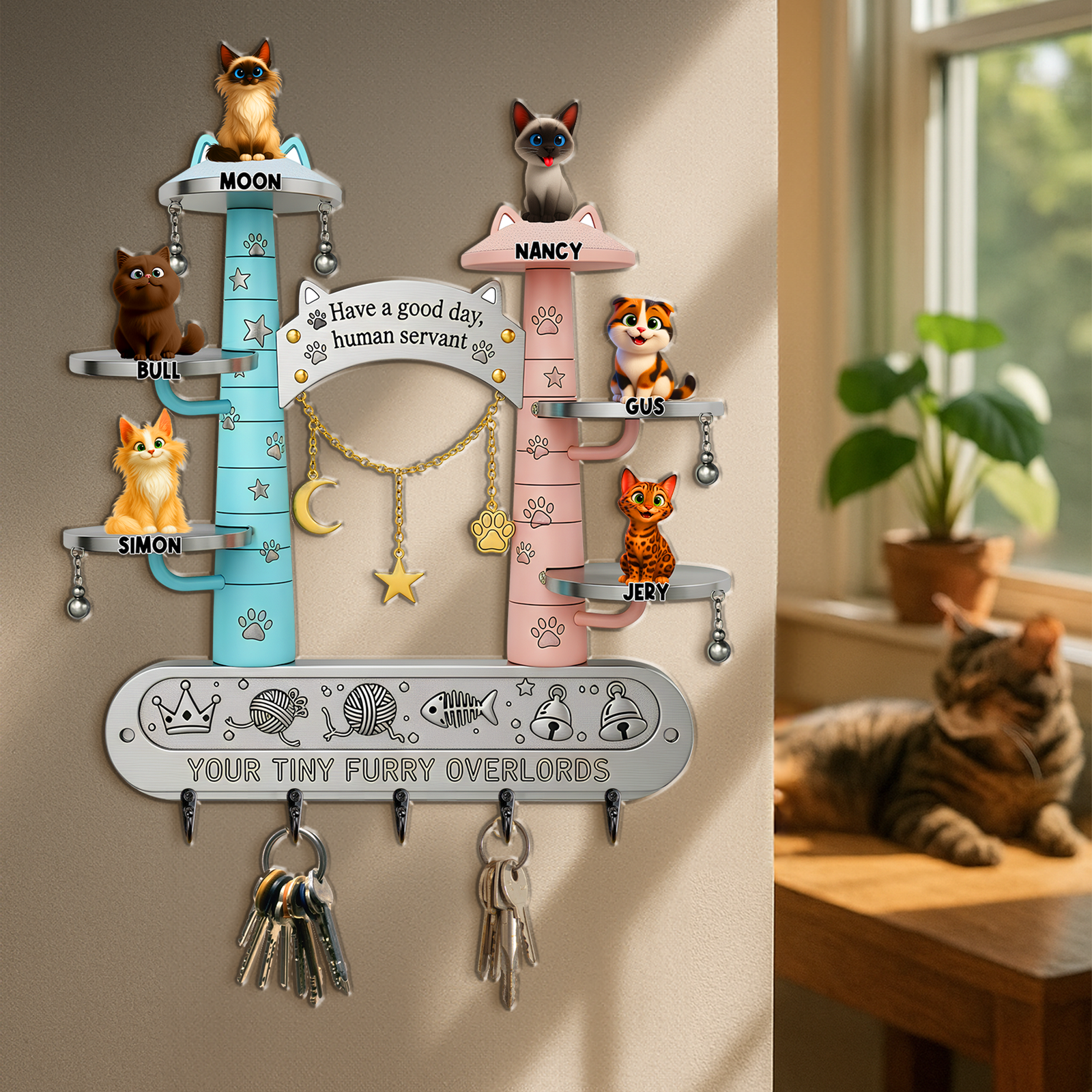 Tiny Fluffy Cat Wood Key Hanger - Personalized Gift For Cat Lovers 01TGLU290725-Homacus