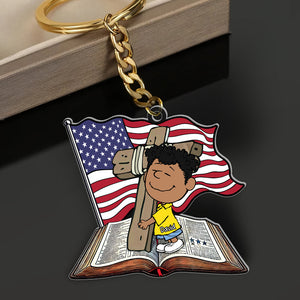 Personalized Gifts For Christians Keychain, Wooden Cross, Bible & American Flag 01qhqn060125-Homacus