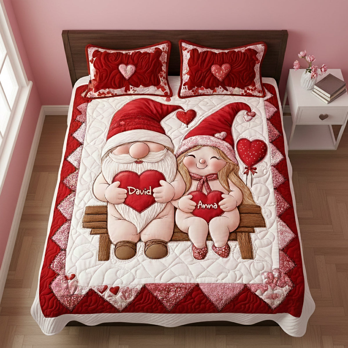 Sweet Gnome Couple Quilt Bed Set - Personalized Gift For Couples 02NALU291125-Homacus