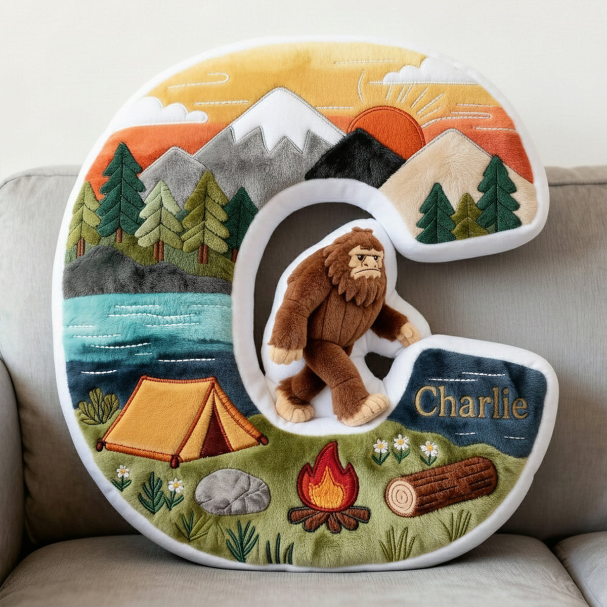 Sasquatch Camping Alphabet Initial Letter Pillow, Personalized Gifts For Camping Lovers & Bigfoot Seekers 02qhqn111225-Homacus
