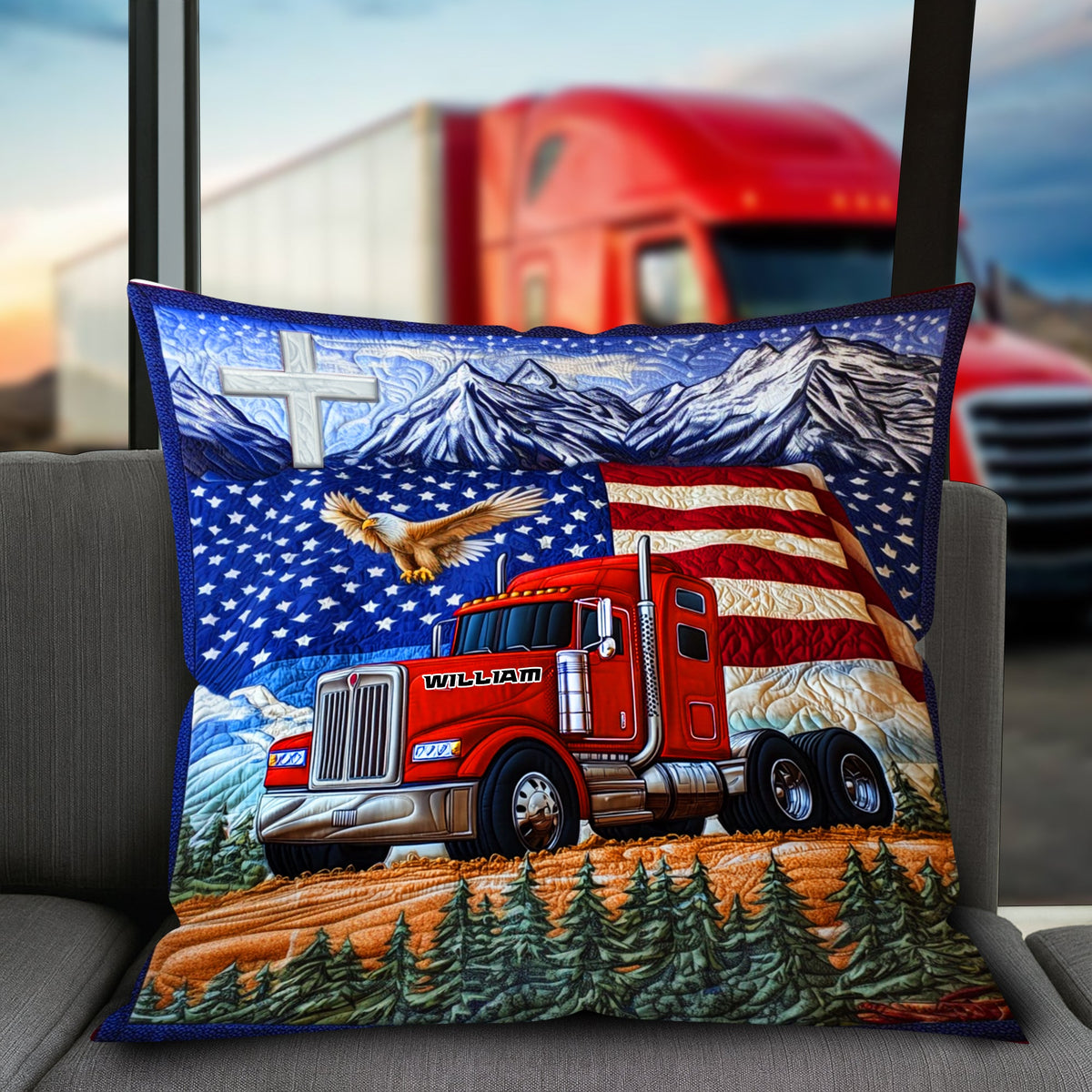 Trucker’s Pride Patriotic Square Pillow - Personalized Gifts For Truck Lovers 03TGLU270625-Homacus