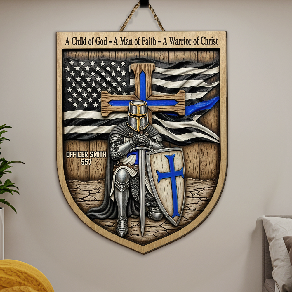 Knight Templar Kneeling Under God Wood Sign, Personalized Gifts For Police 02qhpu120625-Homacus