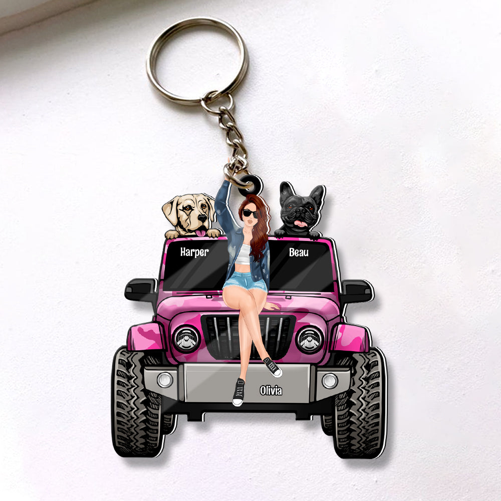 Personalized Gifts For Dog Lovers Keychain Travelling Girl With Her Dogs-Homacus