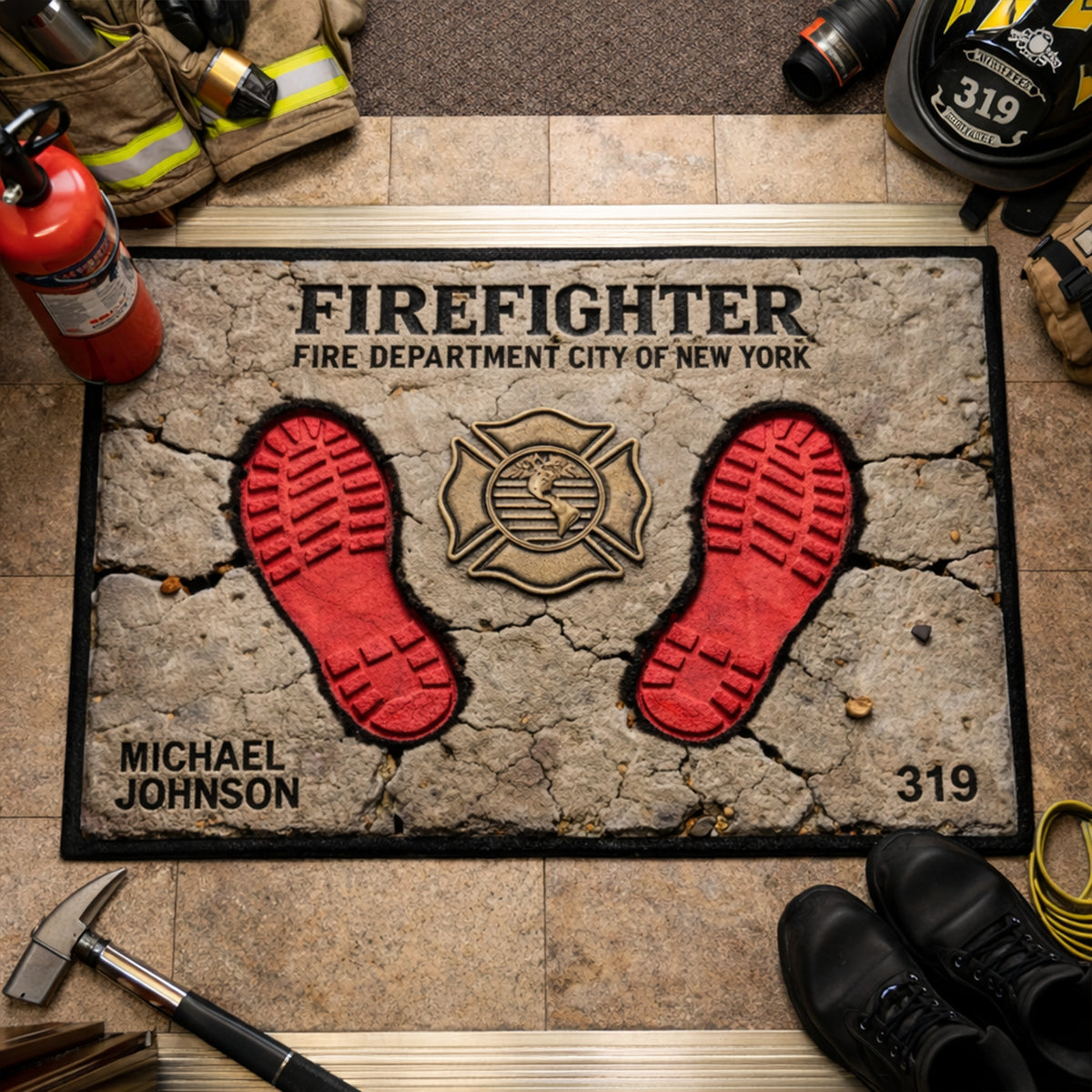 Firefighter Boot Print Doormat - Personalized Gift For Firefighter 04TGLU120226-Homacus