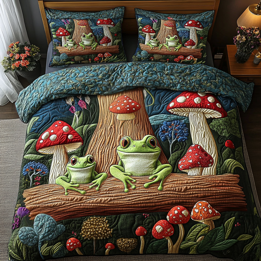 Funny Frogs In Whimsical Mushroom Land Quilt Bed Set-Homacus