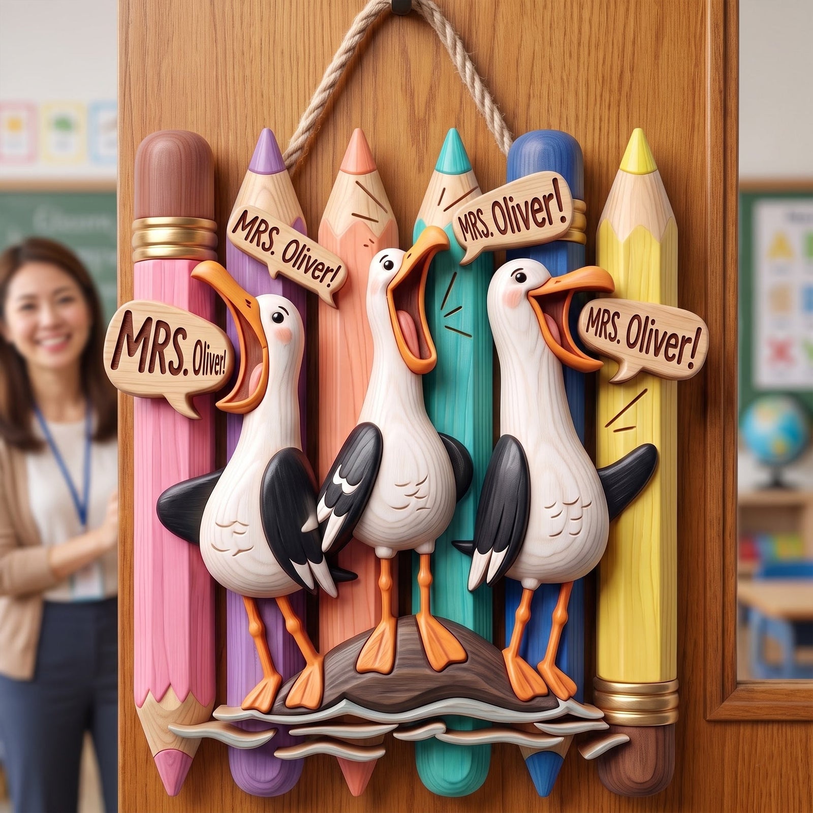 Cute Beachy Seagull Wood Sign - Personalized Gift For Teachers 02HUQN080826-Homacus