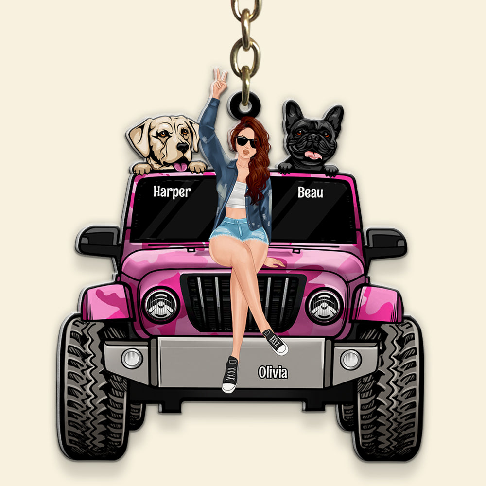 Personalized Gifts For Dog Lovers Keychain Travelling Girl With Her Dogs-Homacus