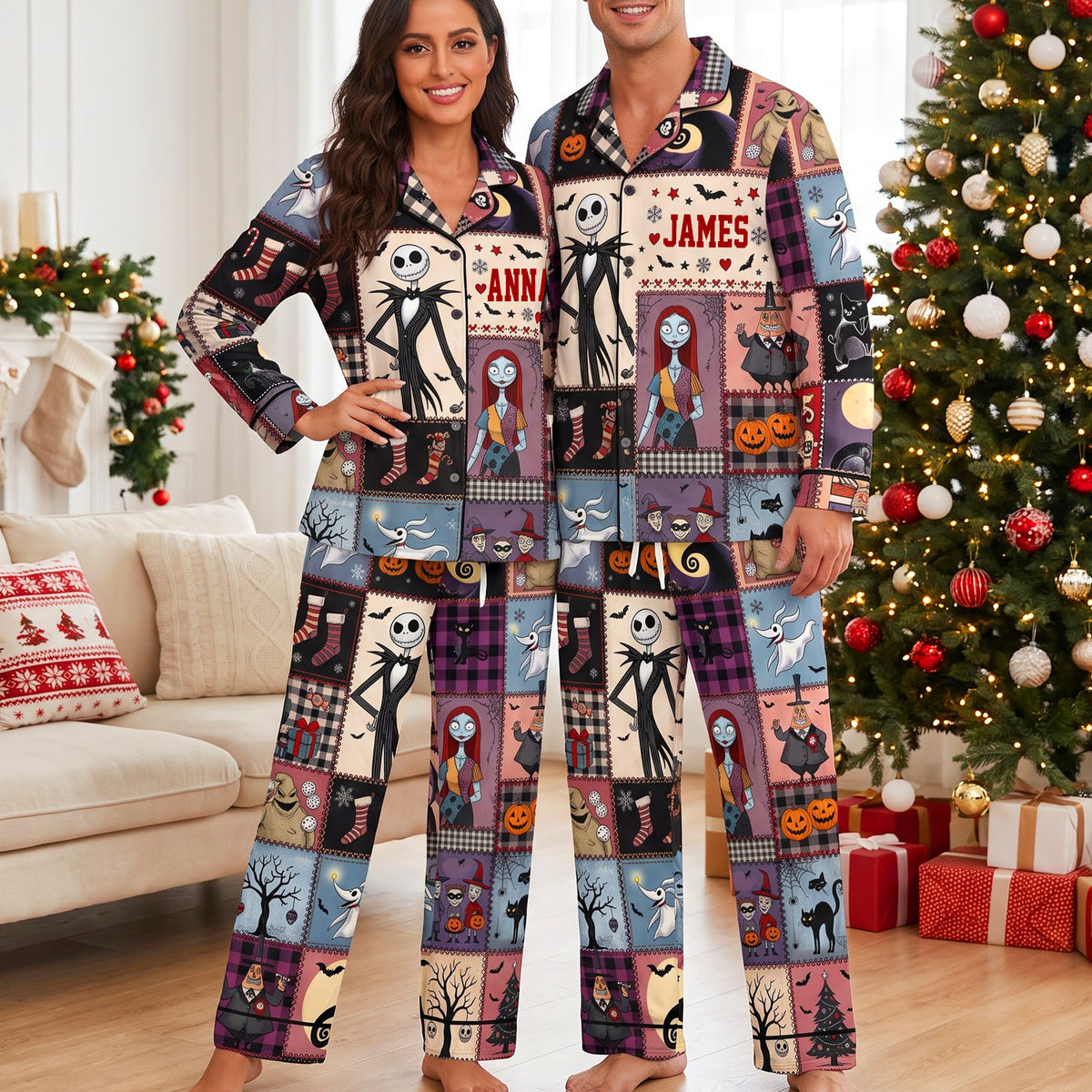 Mischievous Night Button Up Pajama Set - Personalized Gifts For Couple 06NAQN270826