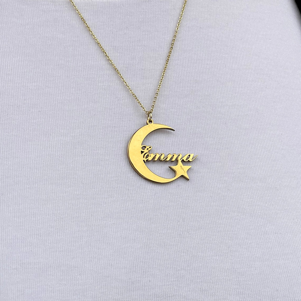 Personalized Name Necklace - Crescent Moon & Star Charm 34-Homacus