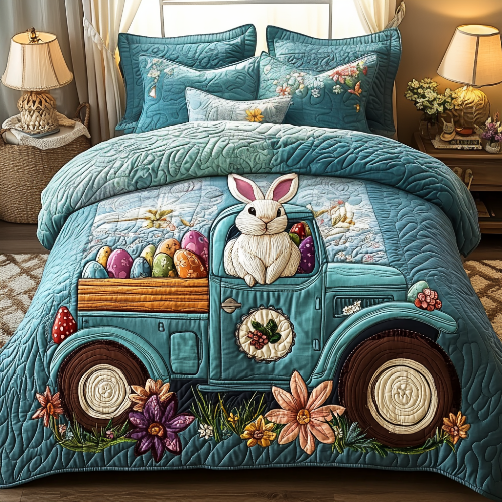 Gifts for Rabbit Lovers Quilt Bed Set Easter Bunny Eggs-Homacus