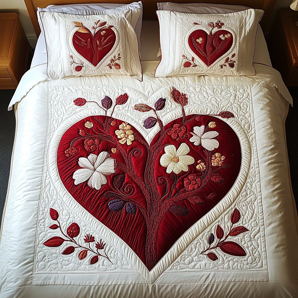 Blushing Heart With Floral Quilt Bedding Set-Homacus