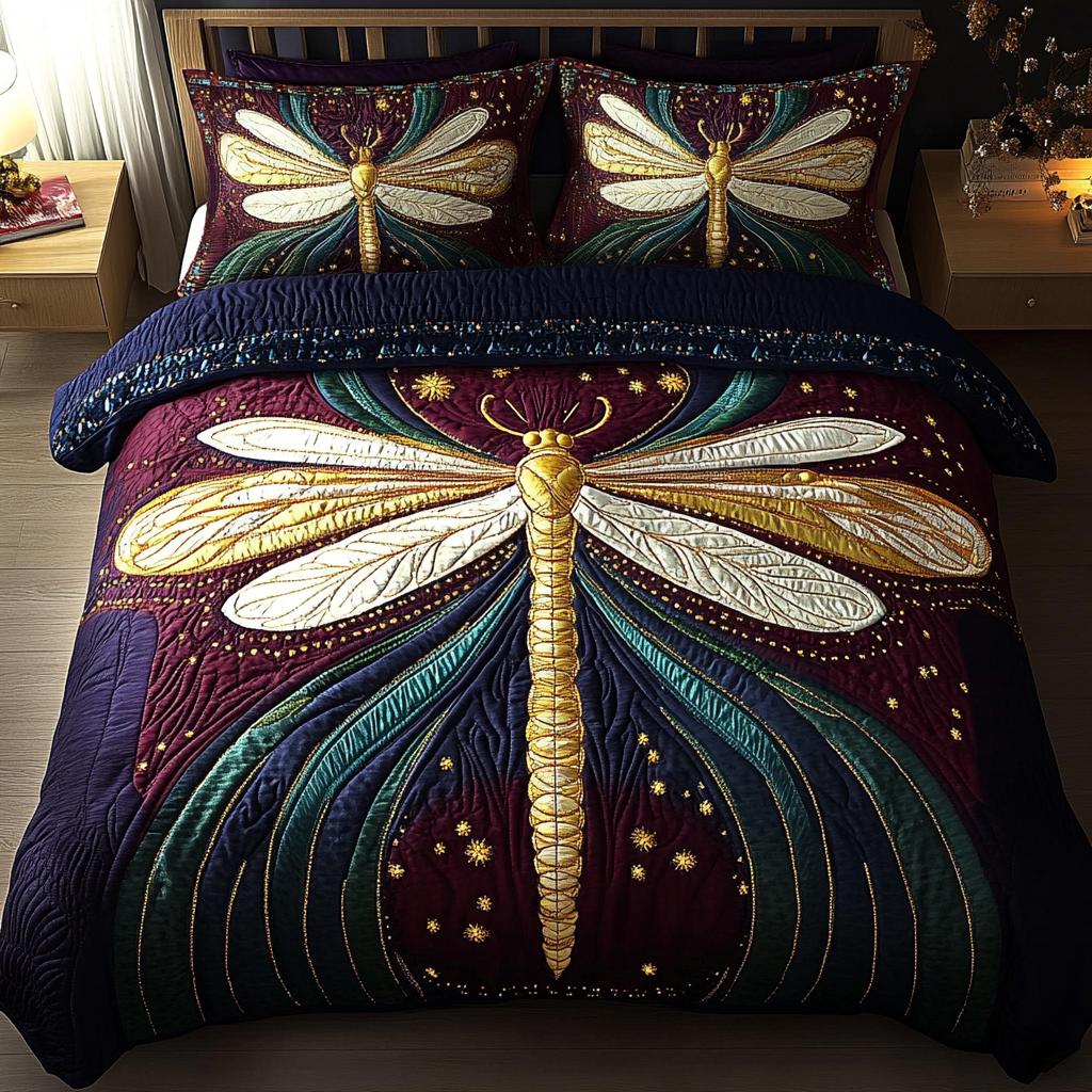 Gift For Dragonfly Lovers Quilt Bedding Set, Enchanted Dragonfly At Night-Homacus