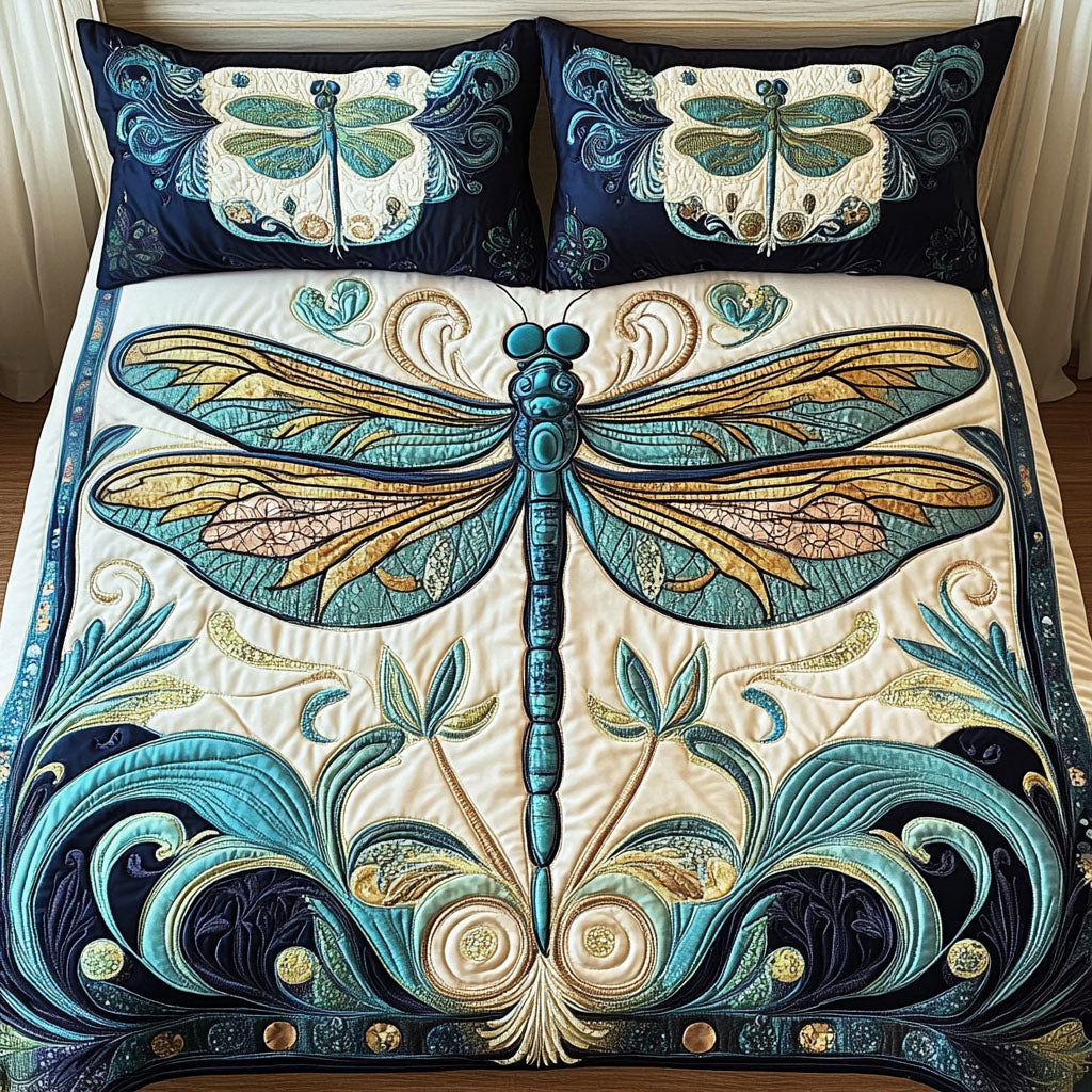 Gift For Dragonfly Lovers Quilt Bedding Set, Golden Wings Dragonfly-Homacus