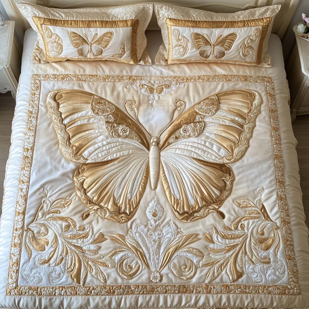 Golden Grace Butterfly Quilt Bedding Set, Gift For Butterfly Lovers-Homacus