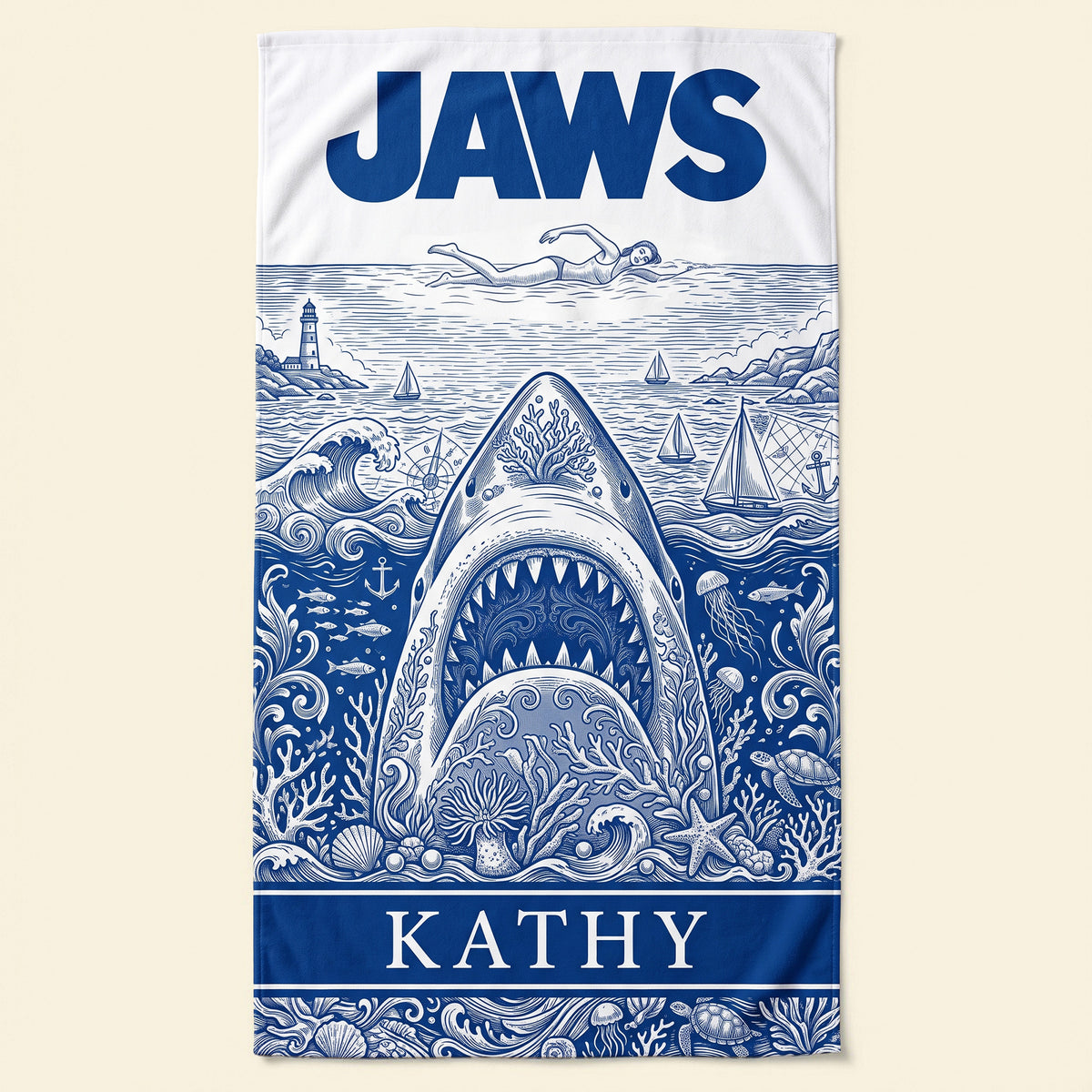 Ancient Shark Toile De Jouy Beach Towel, Personalized Gifts 03qhti180726-Homacus