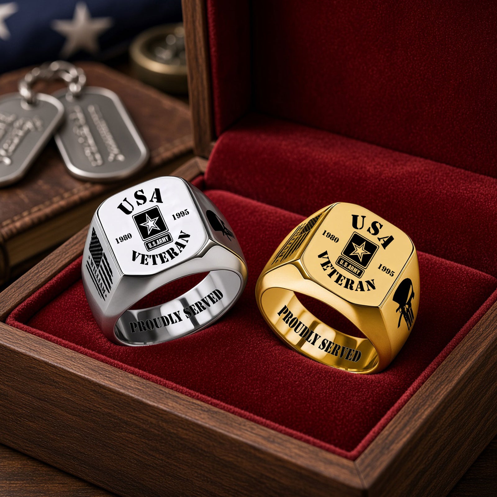 Proudly Served Veteran Engraved Ring Personalized Gifts For Him 02HUTI080926-Homacus