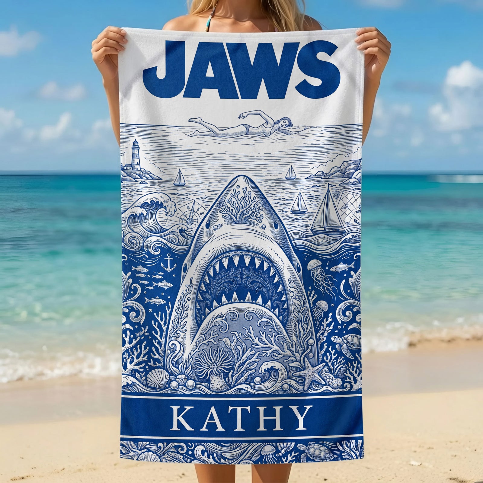 Ancient Shark Toile De Jouy Beach Towel, Personalized Gifts 03qhti180726-Homacus
