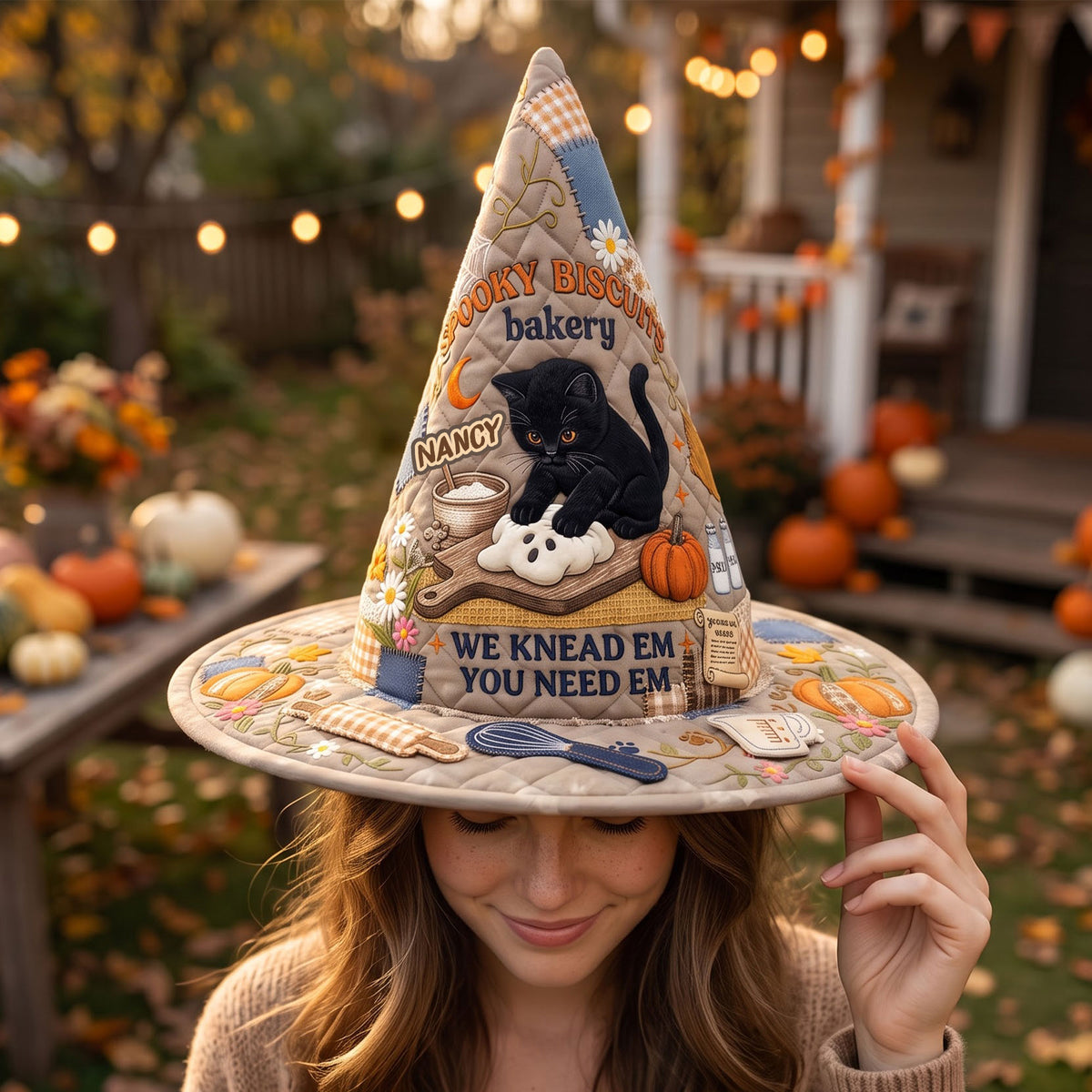 Kneading Cat Baker Quilted Witch Hat, Personalized Halloween Gifts For Cat Lovers 02qhti130826