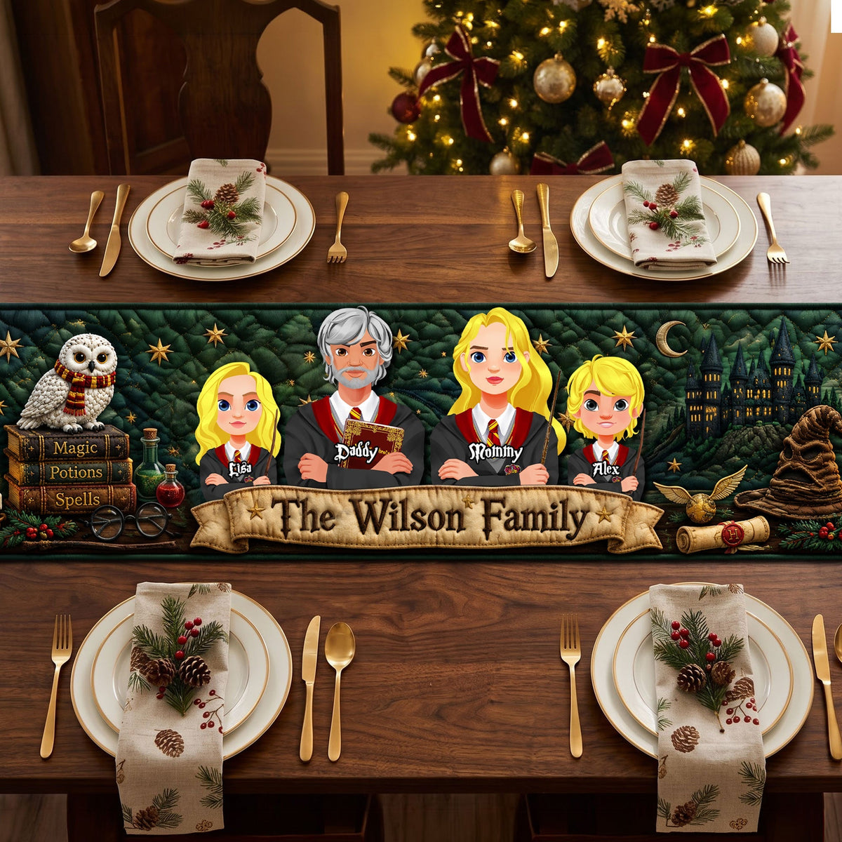 Fantasy Family Christmas Table Runner - Personalized Gifts For Family Quilted Table 02NATI200826PA