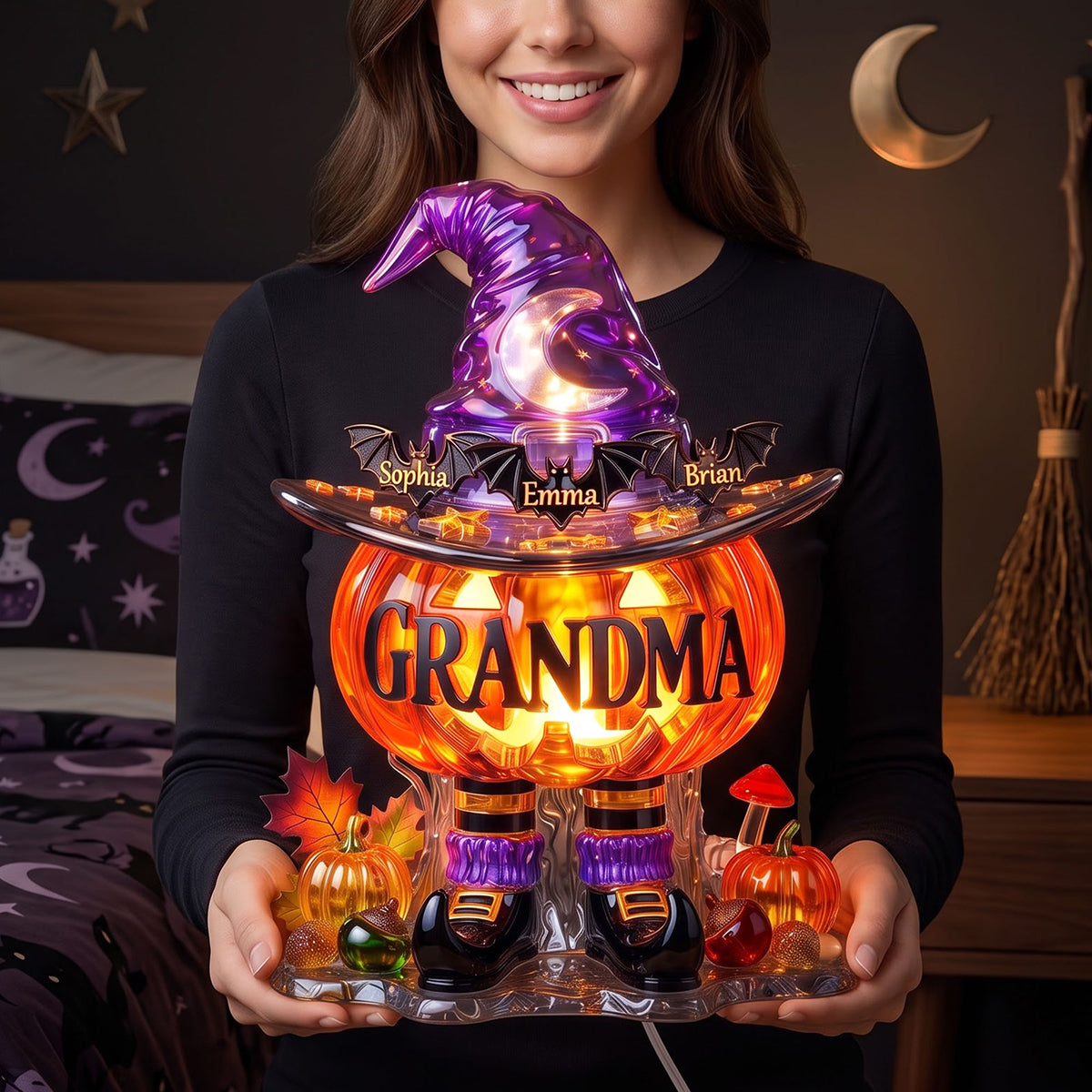 Bat Kids Pumpkin Light Box - Personalized Gifts For Grandma, Mama Halloween Acrylic Light Box 02PATI300726-Homacus
