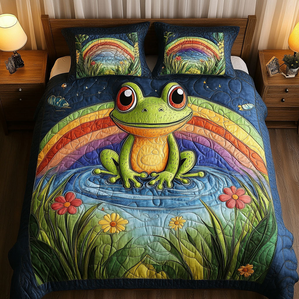 Frog With Colorful Rainbow Pond Quilt Bed Set-Homacus