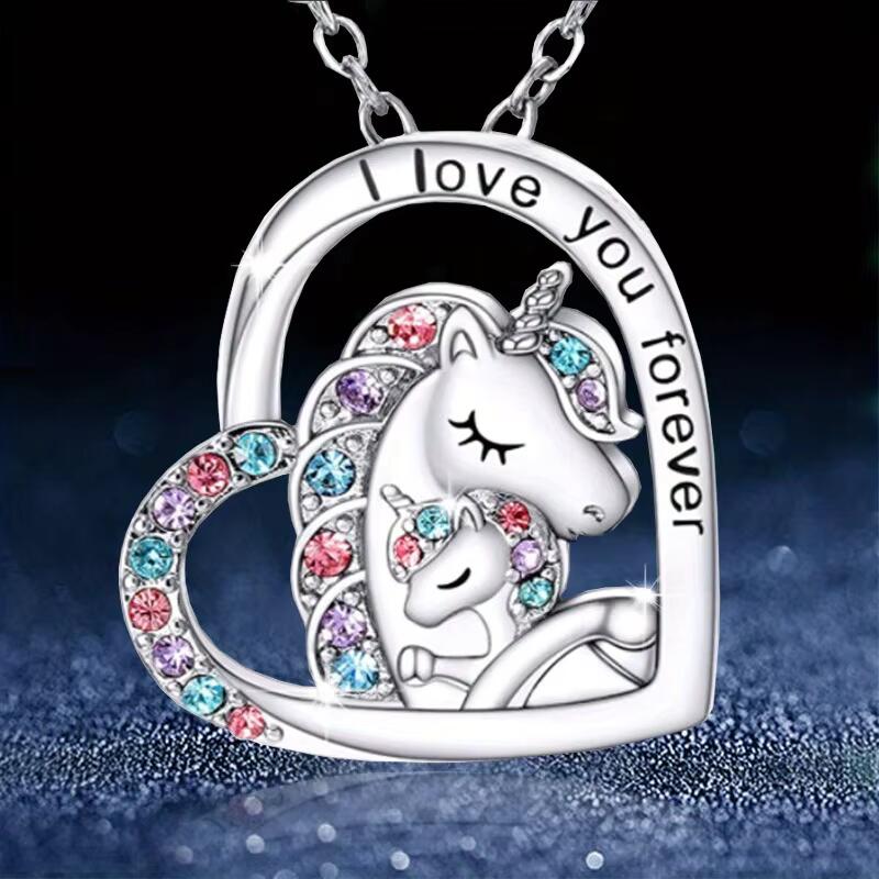 Unicorn Mother and Child Hug Heart Shape Necklace-Homacus