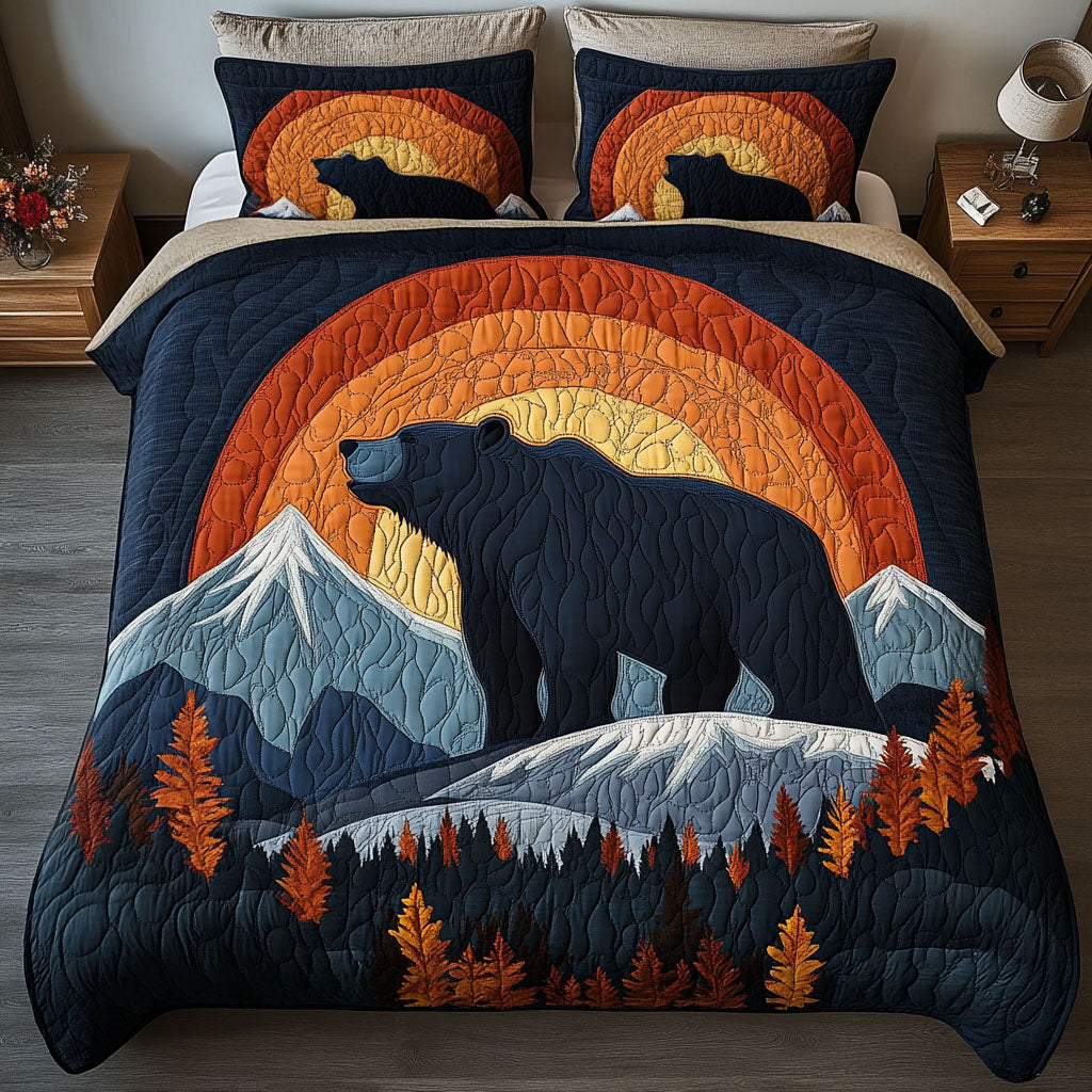 Bear Silhouette at Sunset Quilt Bedding Set, Gift For Bear Lovers-Homacus