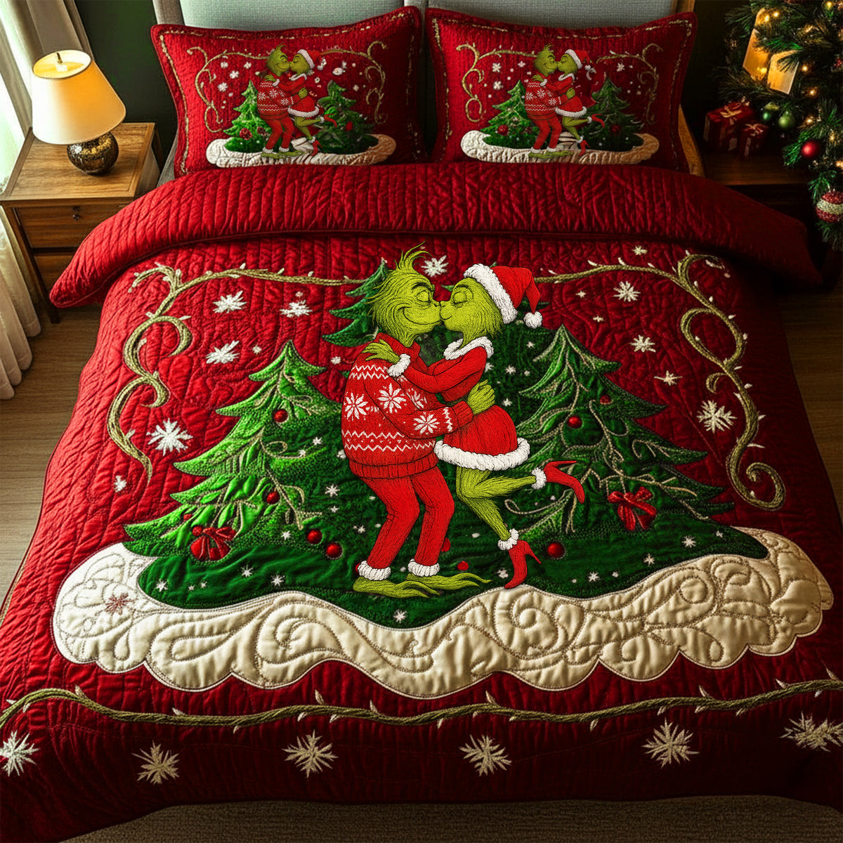 Festive Couple Kiss Quilt Set Special Line - Personalized Christmas Gift For Couples 02NALU080925-Homacus