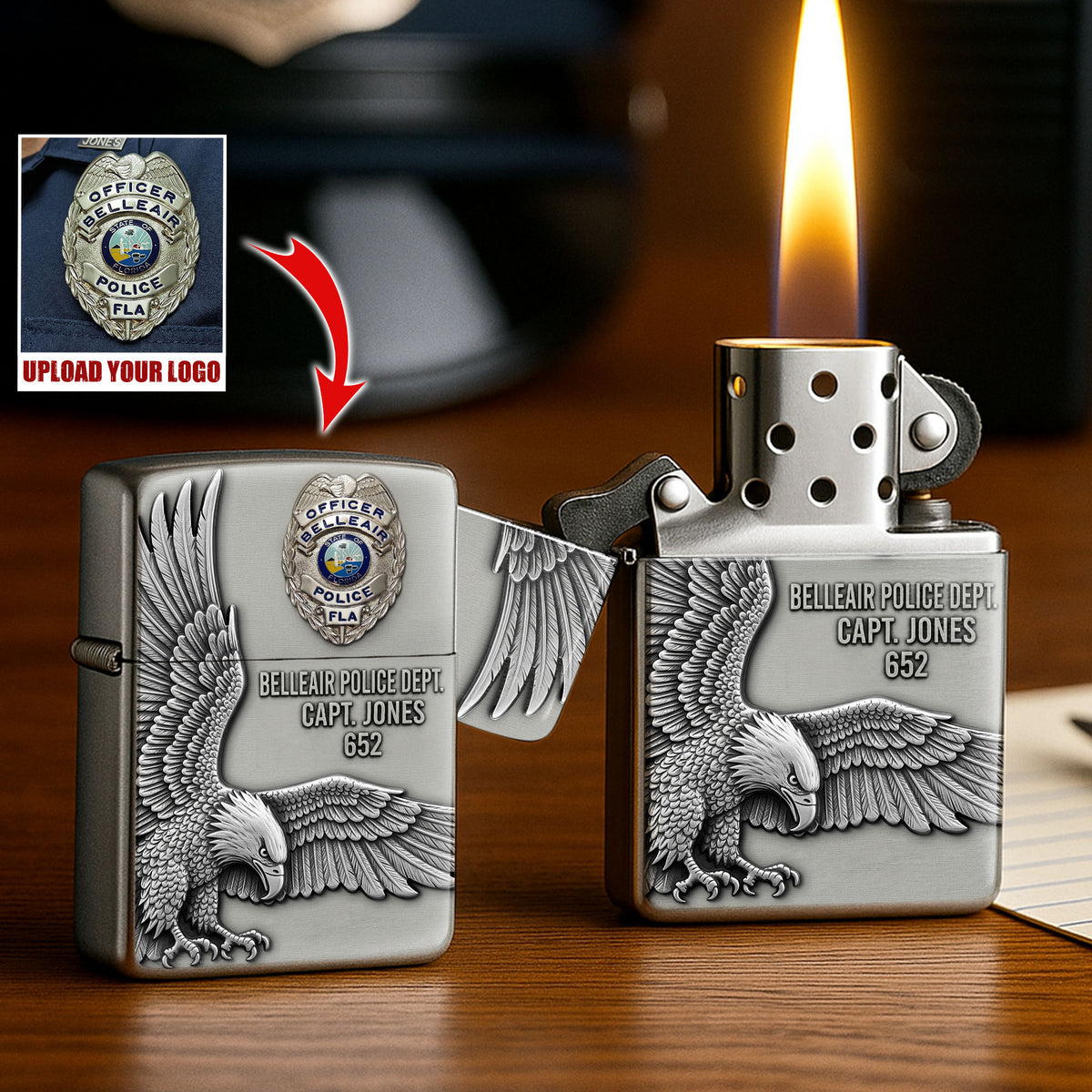 Police Department Lighter- Custom Police Station Logo Gifts For Police With Name, Number Tag-Homacus
