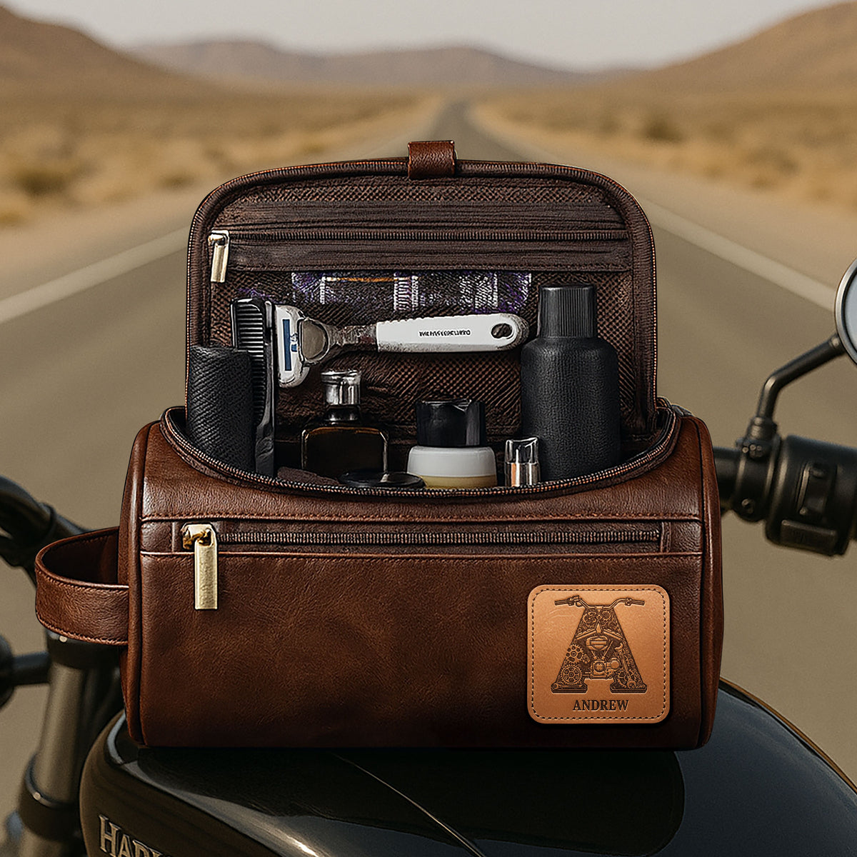Motorcycle Initial Letter Alphabet Men Leather Toiletry Bag, Personalized Gifts For Bikers 02qhti190825-Homacus