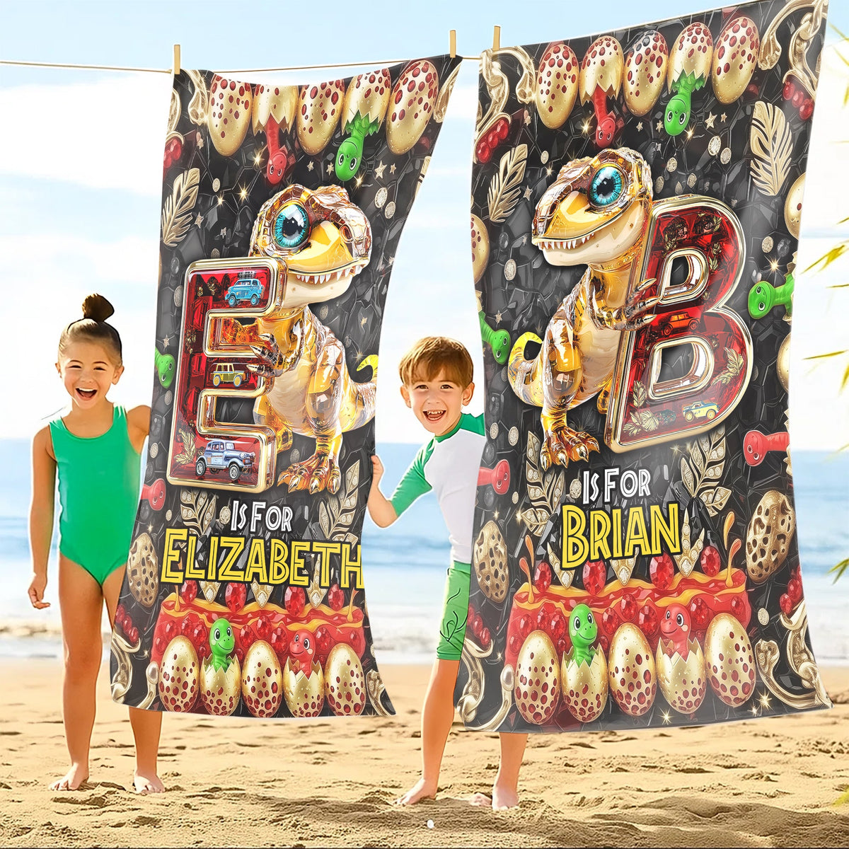 Dino Alphabet Letter Beach Towel - Personalized Gifts For Movie Lovers 03tgti110725-Homacus