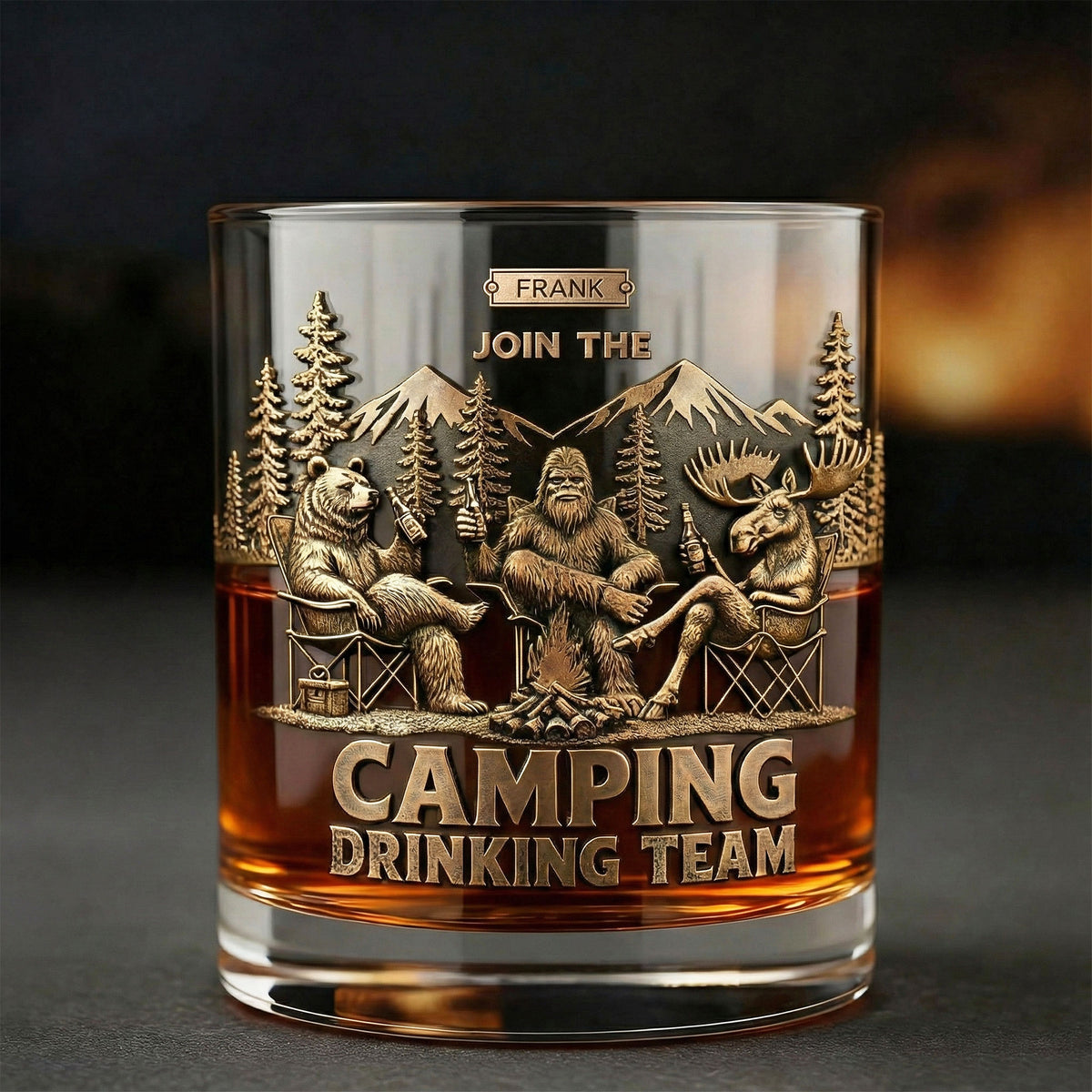 Fun Camping Drinking Team Round Glass, Personalized Gifts For Camping Lover & Bigfoot Seeker 03QHTI181225-Homacus