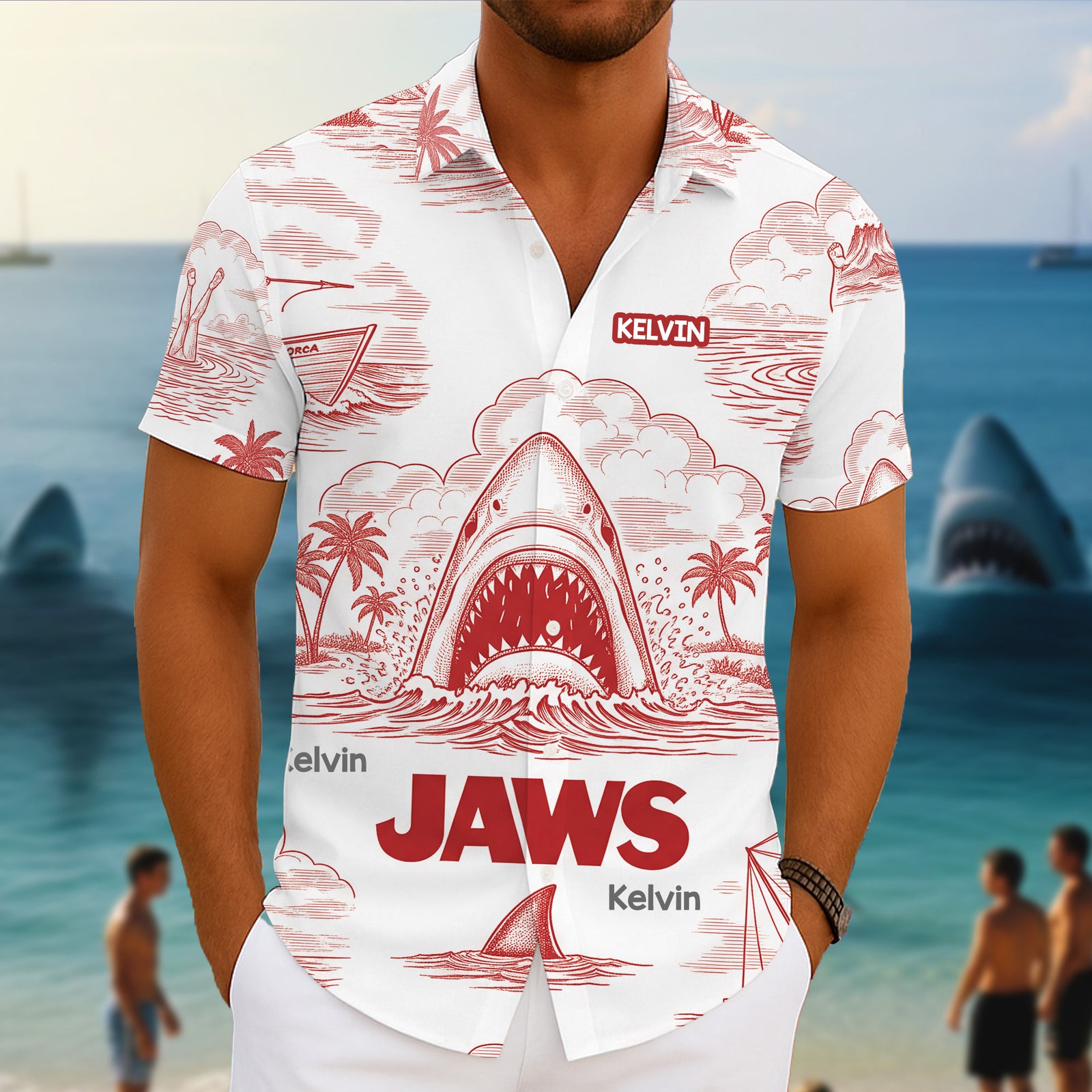 Shark Toile De Jouy Style Hawaiian Shirt - Personalized Gifts For Movie Lovers 02namg150725-Homacus