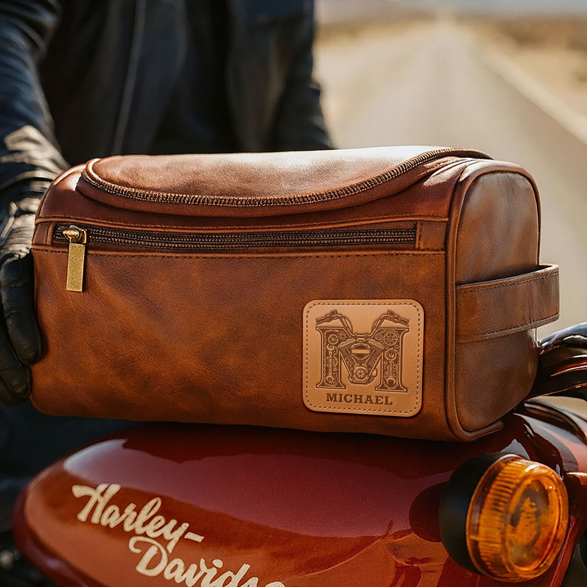 Motorcycle Initial Letter Alphabet Men Leather Toiletry Bag, Personalized Gifts For Bikers 02qhti190825-Homacus