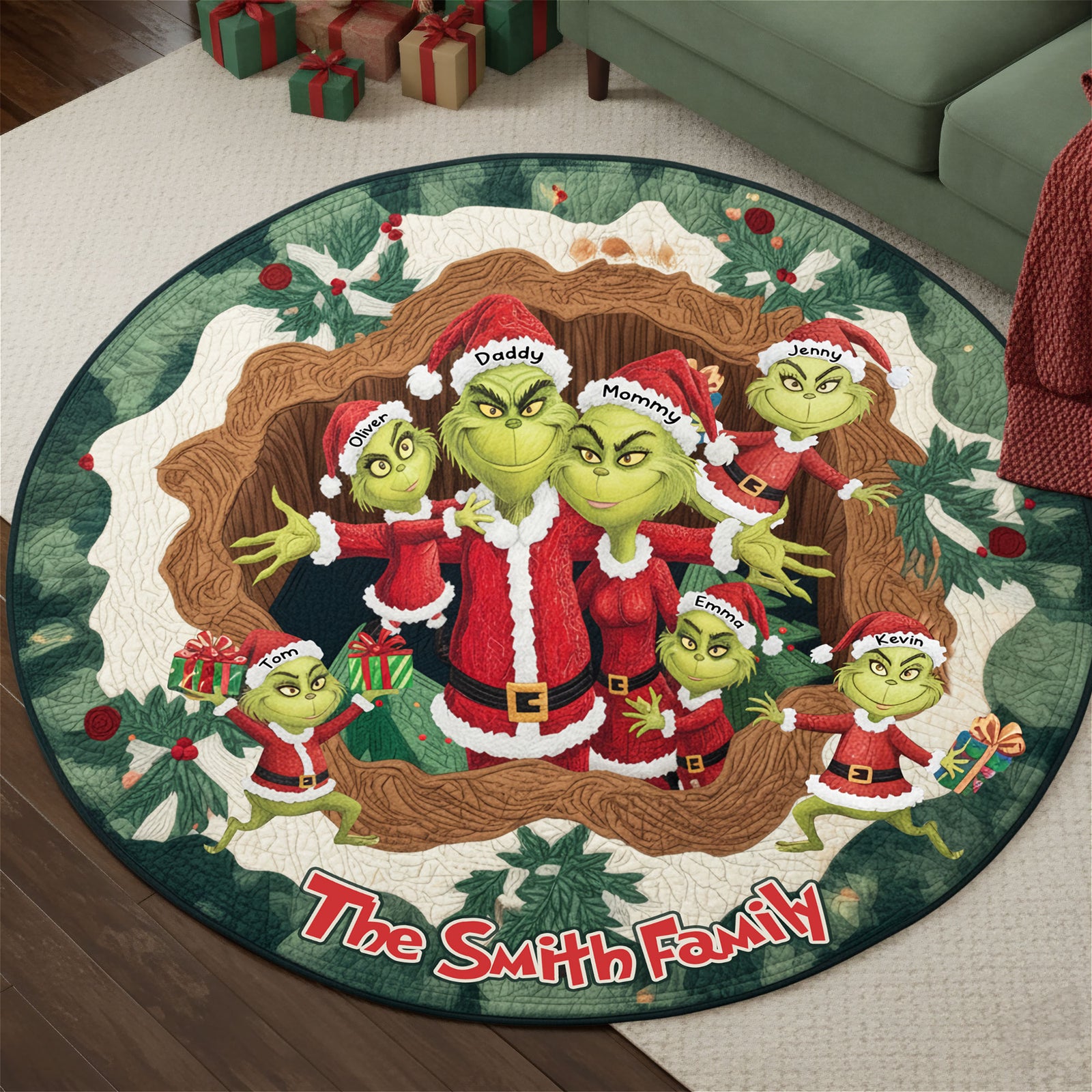 Green Monster Family Quilted Round Mat - Personalized Gifts For Family 03nati260925-Homacus