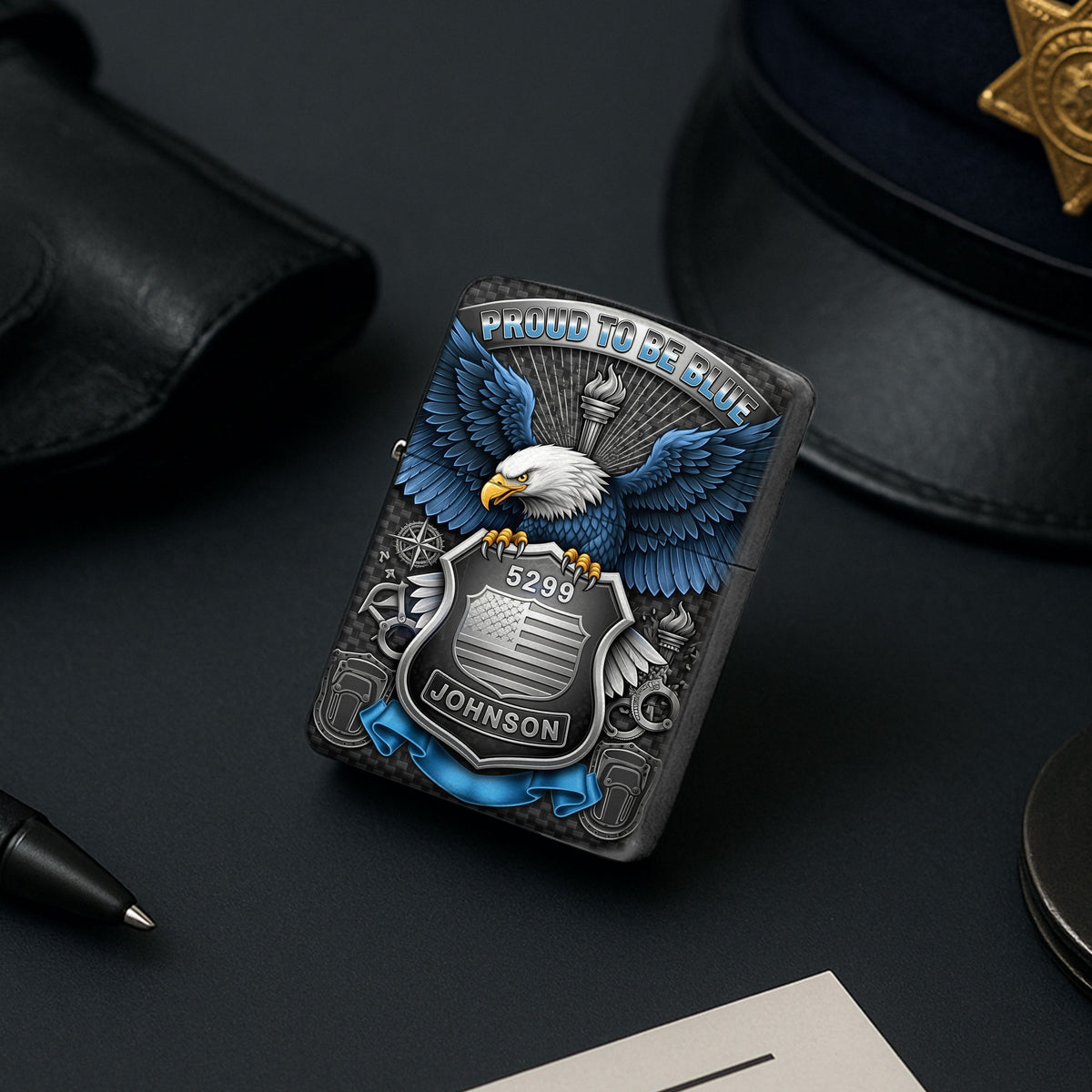 American Eagle and Thin Blue Line Flag Lighter - Personalized Gifts For Police Officer-Homacus