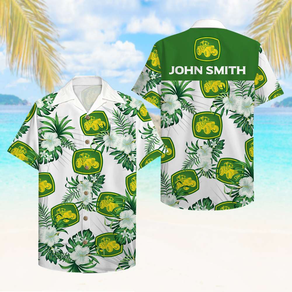 Personalized Farmer Hawaiian Shirt - Tractor & Floral Pattern-Homacus