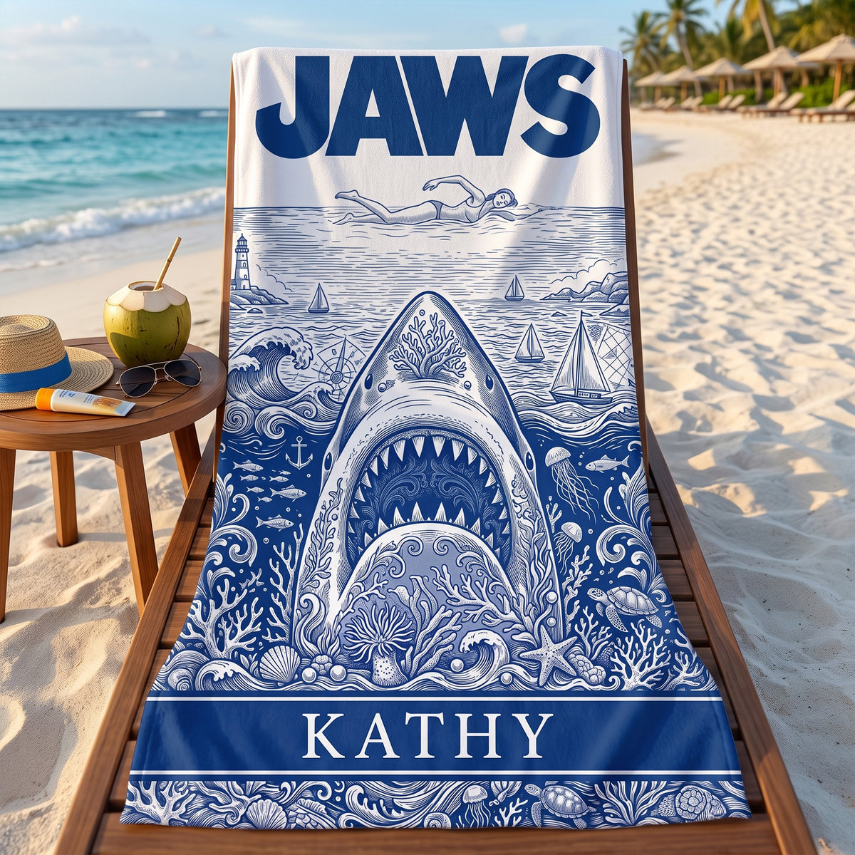 Ancient Shark Toile De Jouy Beach Towel, Personalized Gifts 03qhti180726-Homacus