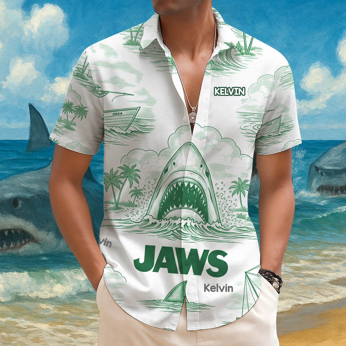 Shark Toile De Jouy Style Hawaiian Shirt - Personalized Gifts For Movie Lovers 02namg150725-Homacus