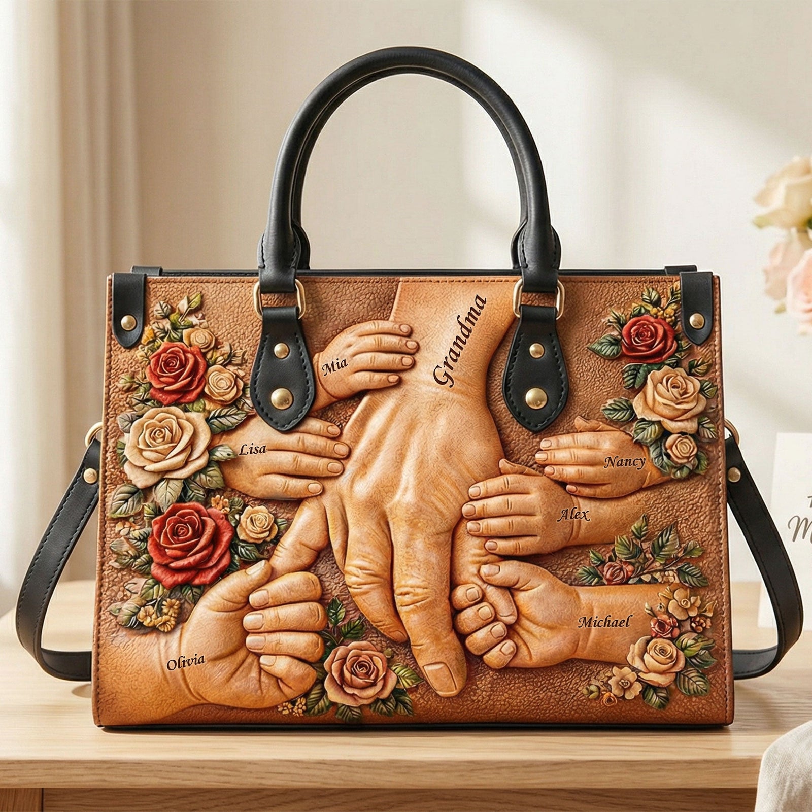 Grandma Holding Hands Leather Bag - Personalized Gift For Grandma 03HUTI070226-Homacus