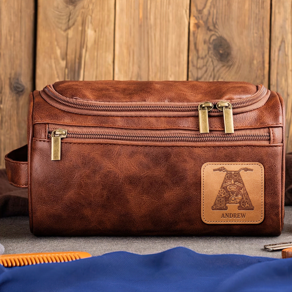 Motorcycle Initial Letter Alphabet Men Leather Toiletry Bag, Personalized Gifts For Bikers 02qhti190825-Homacus
