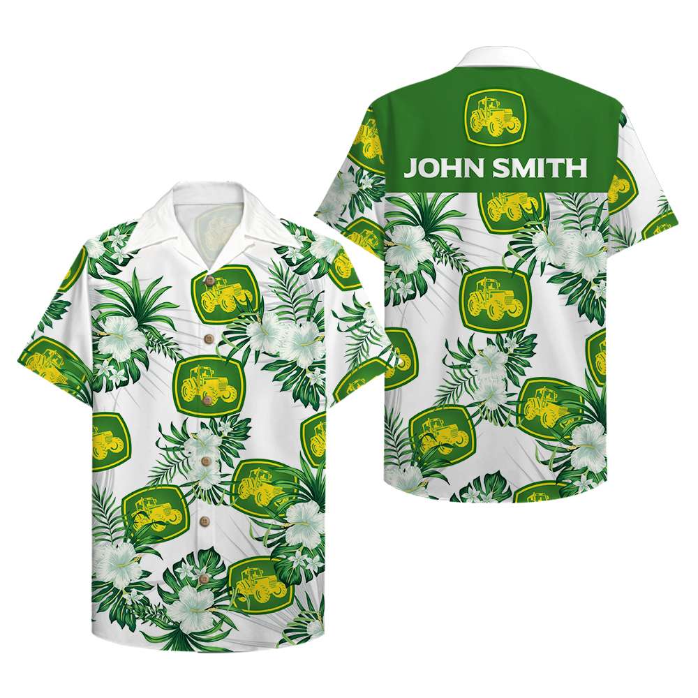 Personalized Farmer Hawaiian Shirt - Tractor & Floral Pattern-Homacus