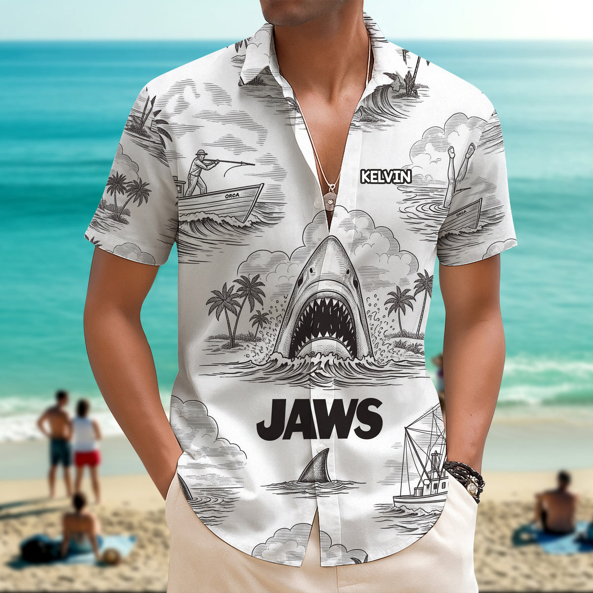 Shark Toile De Jouy Style Hawaiian Shirt - Personalized Gifts For Movie Lovers 02namg150725-Homacus